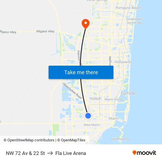 NW 72 Av & 22 St to Fla Live Arena map