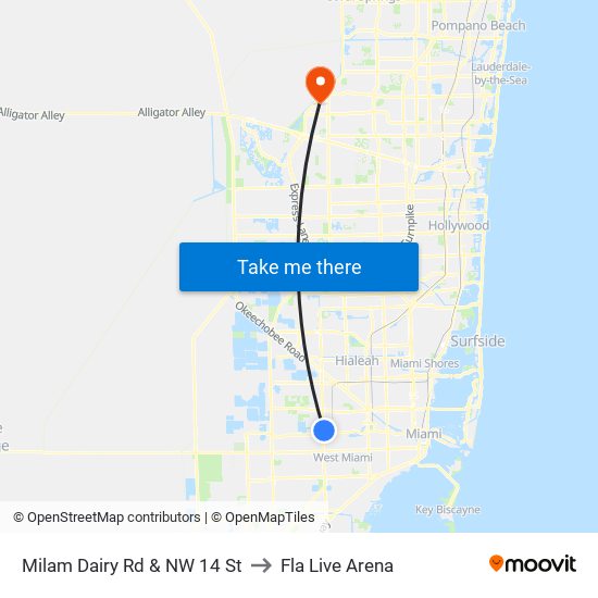 Milam Dairy Rd & NW 14 St to Fla Live Arena map