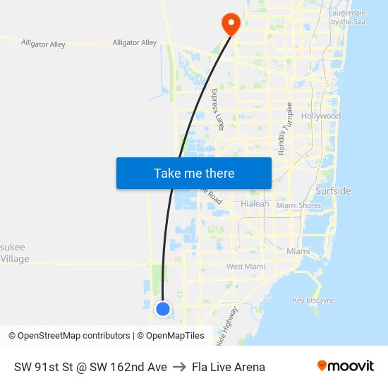 SW 91st St @ SW 162nd Ave to Fla Live Arena map