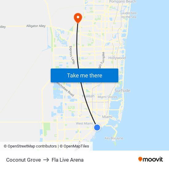 Coconut Grove to Fla Live Arena map