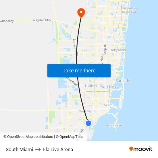 South Miami to Fla Live Arena map