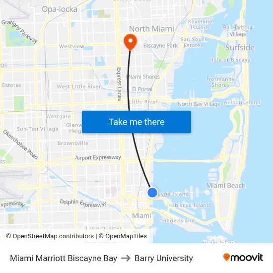 Miami Marriott Biscayne Bay to Barry University map