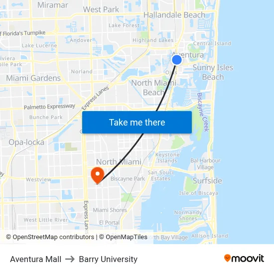 Aventura Mall to Barry University map