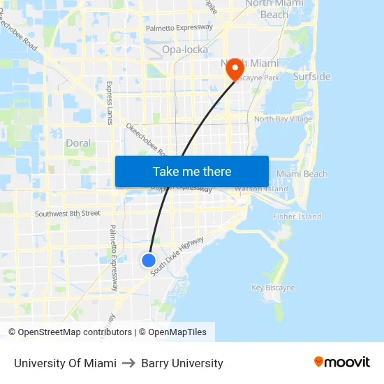 University Of Miami to Barry University map