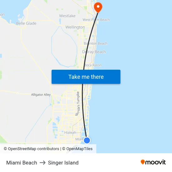 Miami Beach to Singer Island map