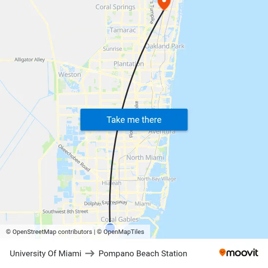 University Of Miami to Pompano Beach Station map