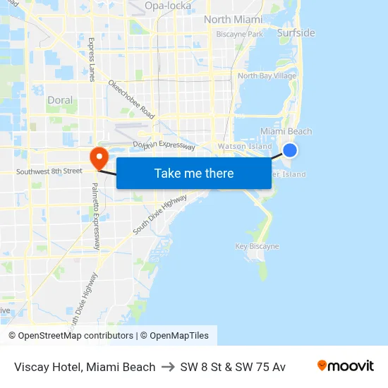 Viscay Hotel, Miami Beach to SW 8 St & SW 75 Av map