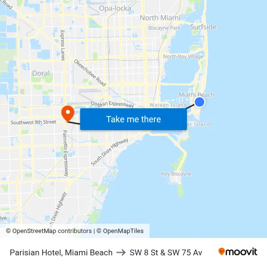 Parisian Hotel, Miami Beach to SW 8 St & SW 75 Av map