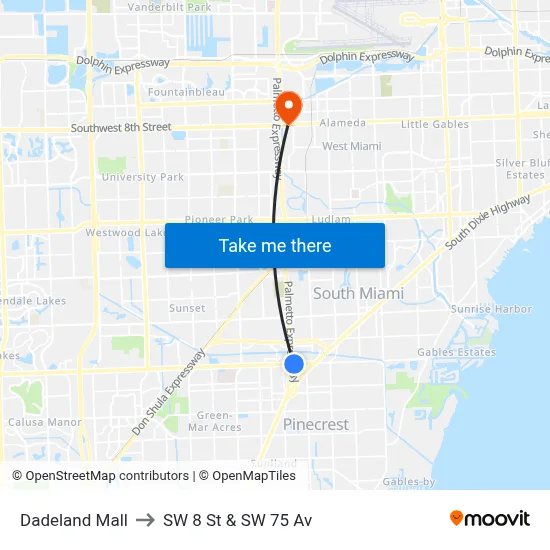 Dadeland Mall to SW 8 St & SW 75 Av map
