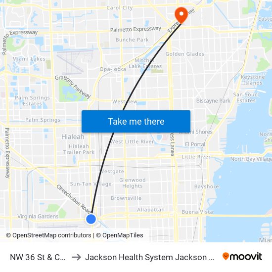 NW 36 St & Coolidge Dr to Jackson Health System Jackson North Medical Center map