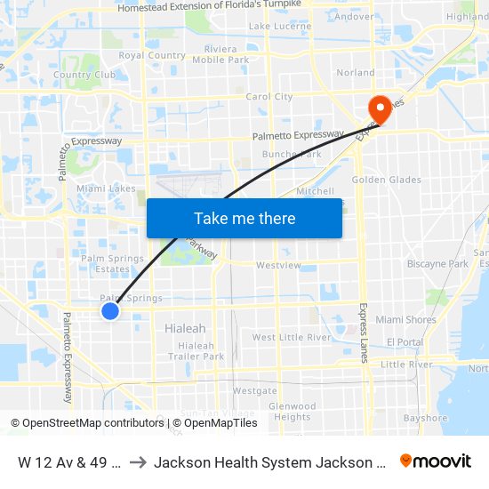 W 12 Av & 49 St Hialeah to Jackson Health System Jackson North Medical Center map