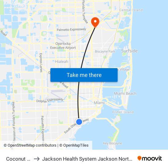 Coconut Grove to Jackson Health System Jackson North Medical Center map