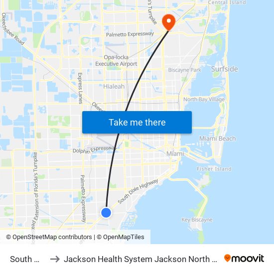 South Miami to Jackson Health System Jackson North Medical Center map