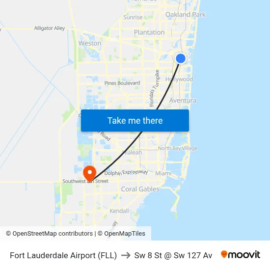 Fort Lauderdale Airport (FLL) to Sw 8 St @ Sw 127 Av map