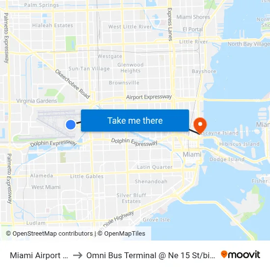 Miami Airport MIA to Omni Bus Terminal @ Ne 15 St / biscayne map
