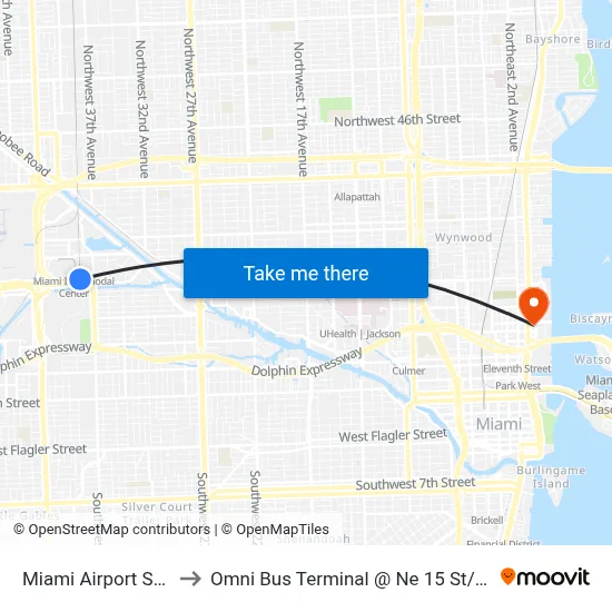 Miami Airport Station to Omni Bus Terminal @ Ne 15 St / biscayne map