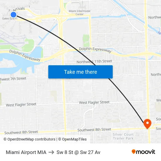Miami Airport MIA to Sw 8 St @ Sw 27 Av map