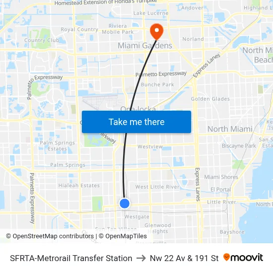 SFRTA-Metrorail Transfer Station to Nw 22 Av & 191 St map
