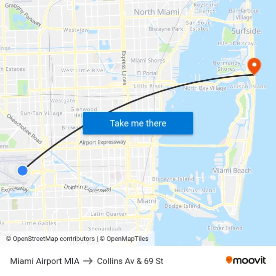 Miami Airport MIA to Collins Av & 69 St map