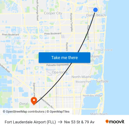 Fort Lauderdale Airport (FLL) to Nw 53 St & 79 Av map