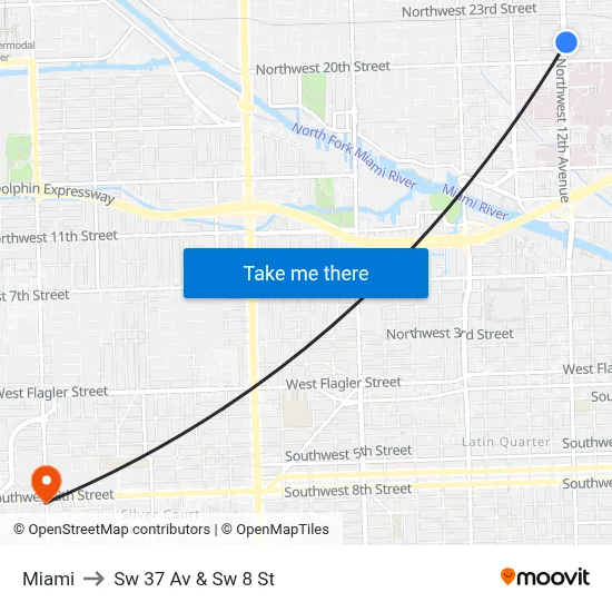 Miami to Sw 37 Av & Sw 8 St map