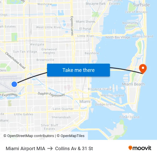 Miami Airport MIA to Collins Av & 31 St map
