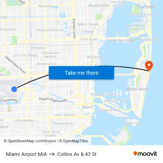 Miami Airport MIA to Collins Av & 43 St map