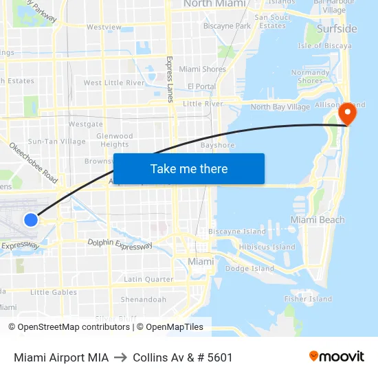 Miami Airport MIA to Collins Av & # 5601 map
