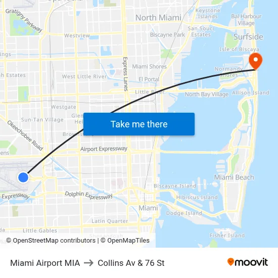 Miami Airport MIA to Collins Av & 76 St map