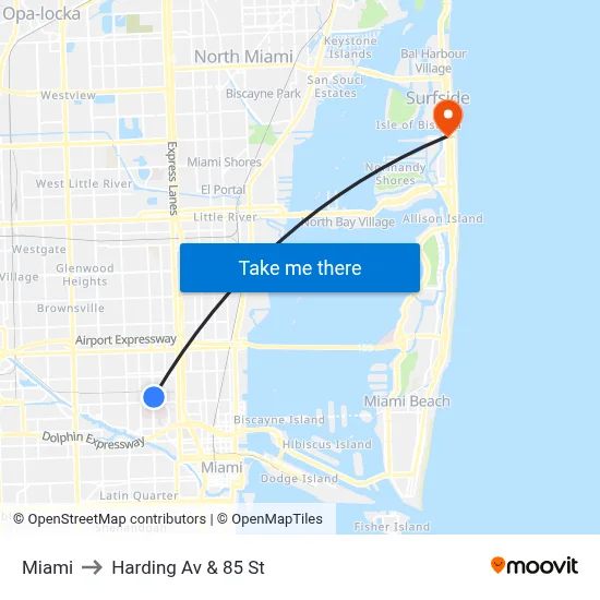 Miami to Harding Av & 85 St map