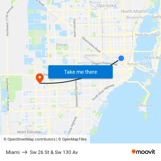 Miami to Sw 26 St & Sw 130 Av map