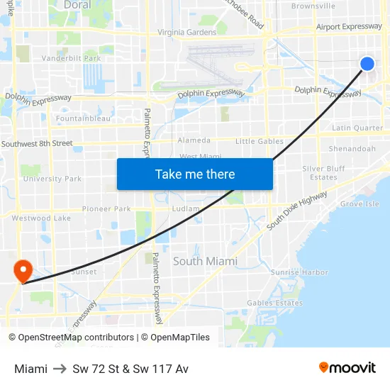 Miami to Sw 72 St & Sw 117 Av map