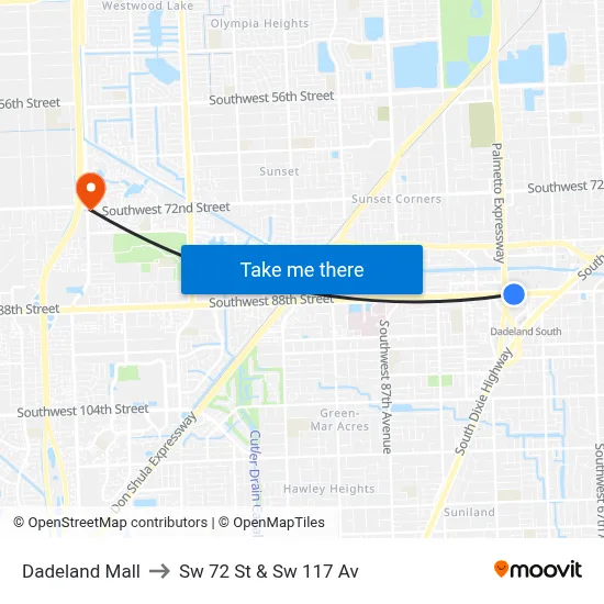 Dadeland Mall to Sw 72 St & Sw 117 Av map