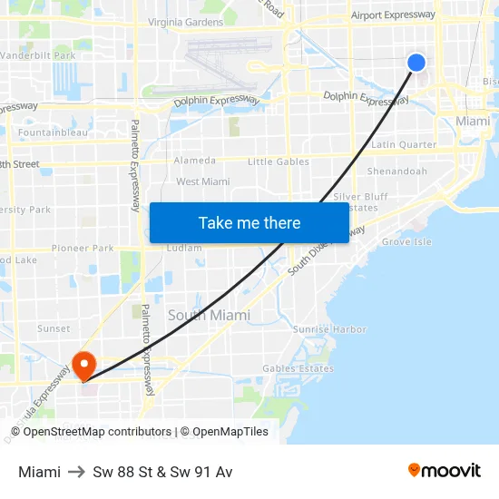Miami to Sw 88 St & Sw 91 Av map