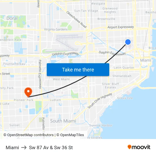 Miami to Sw 87 Av & Sw 36 St map