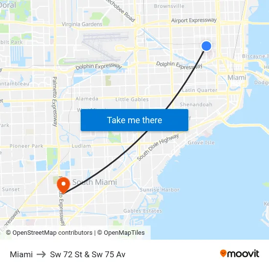 Miami to Sw 72 St & Sw 75 Av map