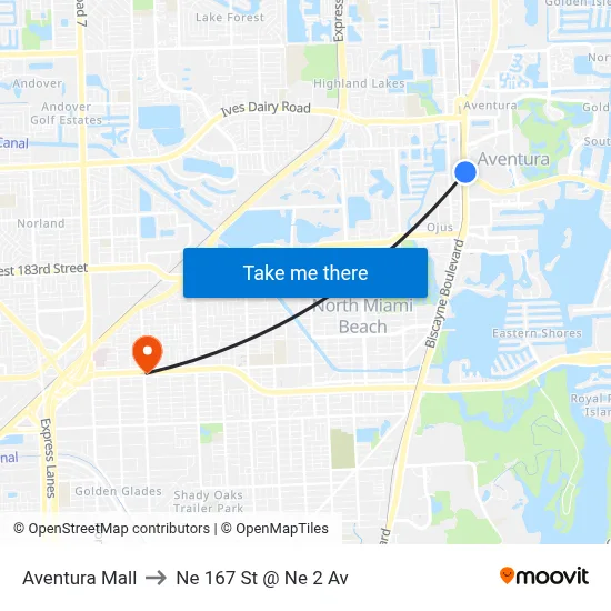 Aventura Mall to Ne 167 St @ Ne 2 Av map