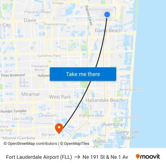 Fort Lauderdale Airport (FLL) to Ne 191 St & Ne 1 Av map