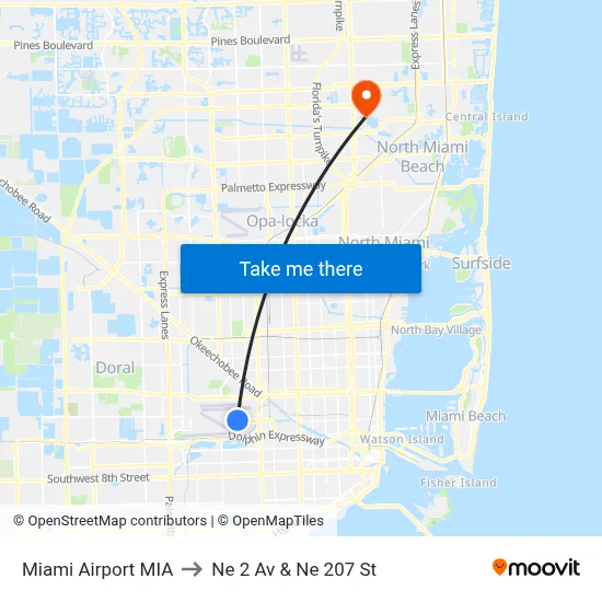 Miami Airport MIA to Ne 2 Av & Ne 207 St map