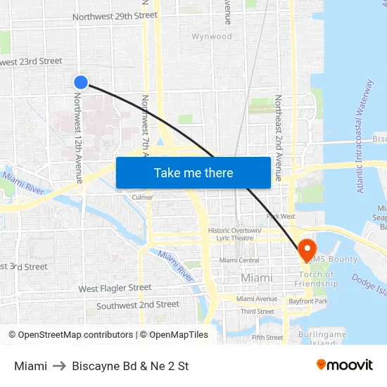 Miami to Biscayne Bd & Ne 2 St map