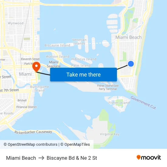 Miami Beach to Biscayne Bd & Ne 2 St map