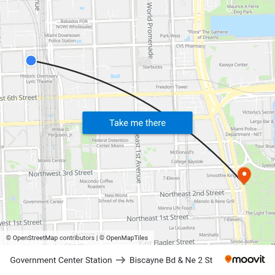 Government Center Station to Biscayne Bd & Ne 2 St map