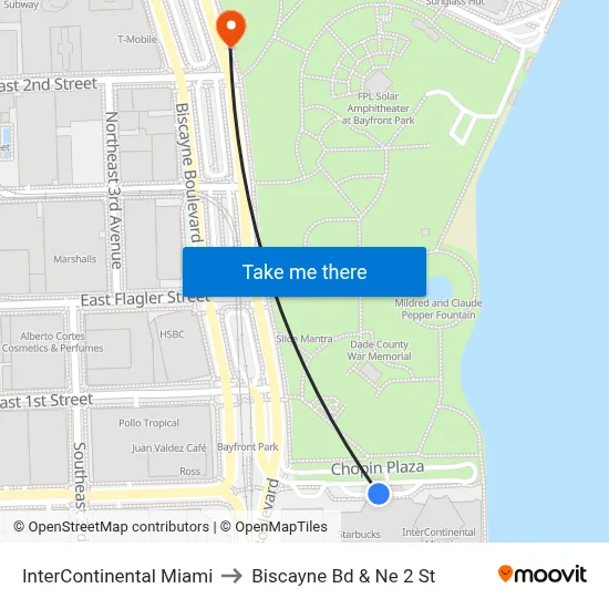 InterContinental Miami to Biscayne Bd & Ne 2 St map