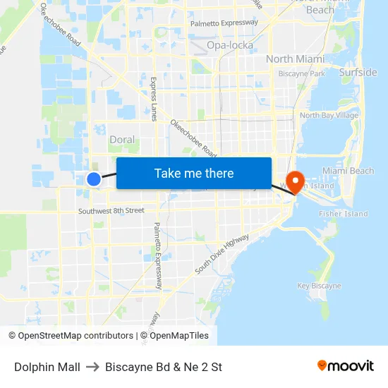 Dolphin Mall to Biscayne Bd & Ne 2 St map