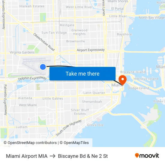 Miami Airport MIA to Biscayne Bd & Ne 2 St map