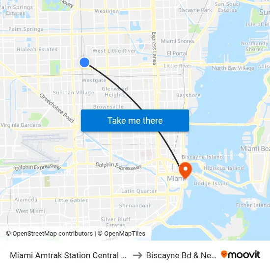 Miami Amtrak Station Central station to Biscayne Bd & Ne 2 St map