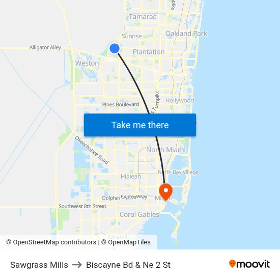 Sawgrass Mills to Biscayne Bd & Ne 2 St map