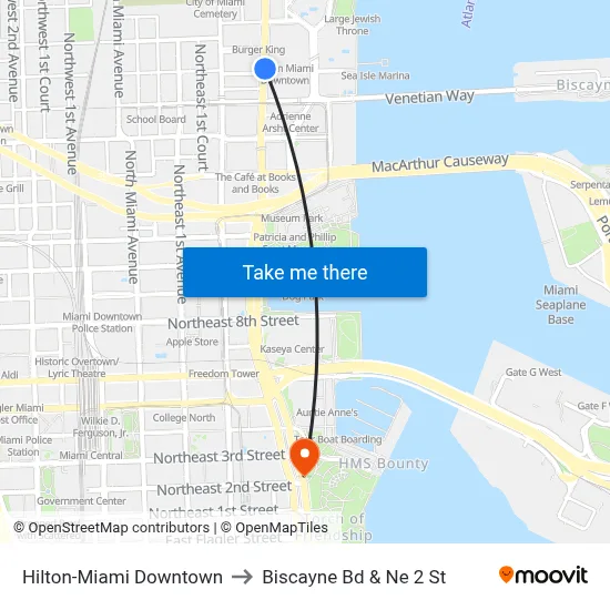 Hilton-Miami Downtown to Biscayne Bd & Ne 2 St map