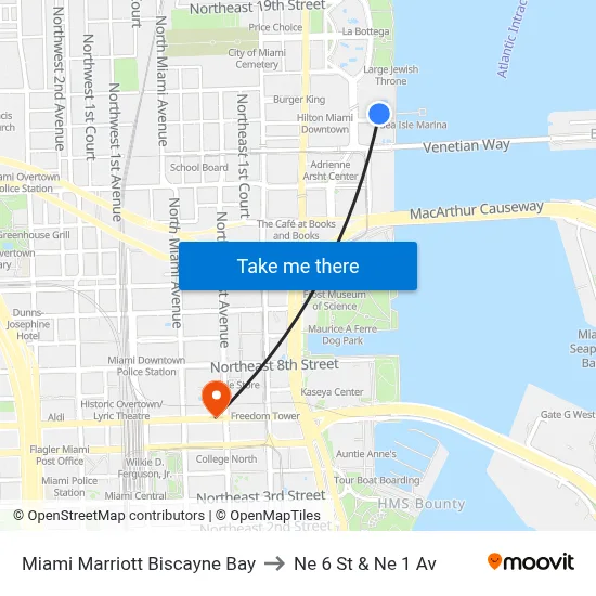 Miami Marriott Biscayne Bay to Ne 6 St & Ne 1 Av map