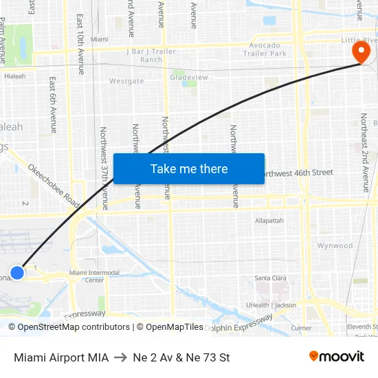 Miami Airport MIA to Ne 2 Av & Ne 73 St map